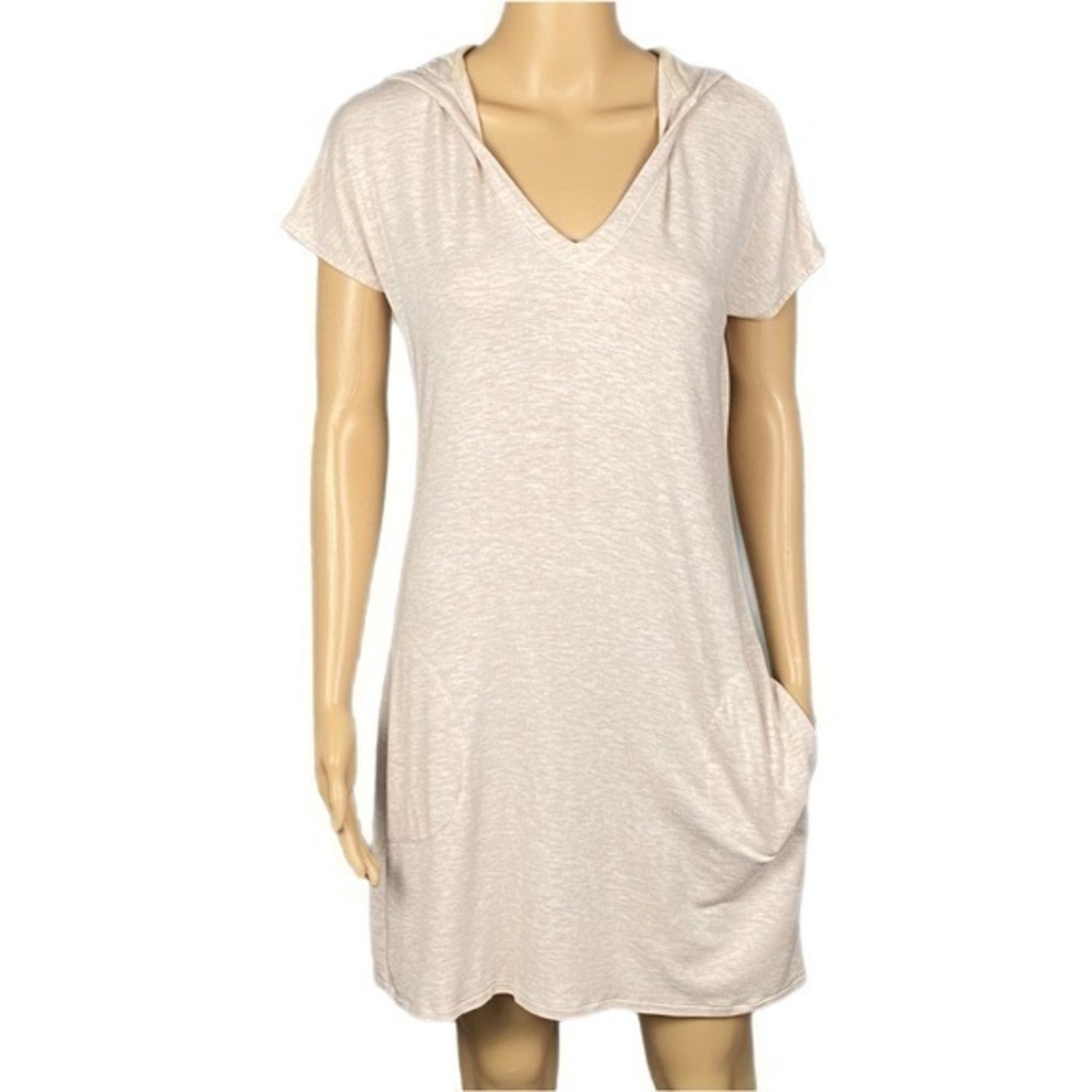 ATHLETA “Run Along Dress” cream/tan hoodie short dress with POCKETS. Small. EUC